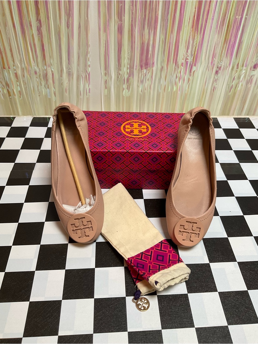 Tory Burch Blush Pink Reva Leather Ballet Flats with Logo Medallion
